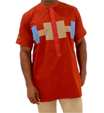 African Print Burnt Orange Short Sleeve Senator Shirt