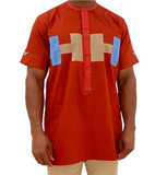 African Print Burnt Orange Short Sleeve Senator Shirt