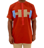 African Print Burnt Orange Short Sleeve Senator Shirt