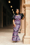 Purple and Black Puff Sleeve Ankara Dress