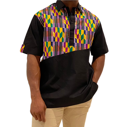 Kente Print Black Short Sleeve Button-Up Shirt