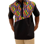 Kente Print Black Short Sleeve Button-Up Shirt