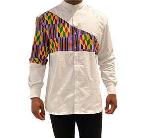 Kente Print Strap Long Sleeve Yoke Button-Up Shirt