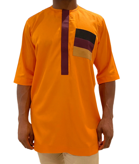 African Print Orange 3/4 Sleeve Senator Shirt