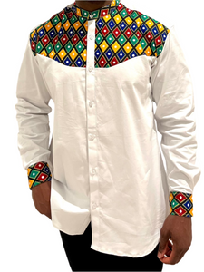 African Print Long Sleeve Yoke Button-Up Shirt