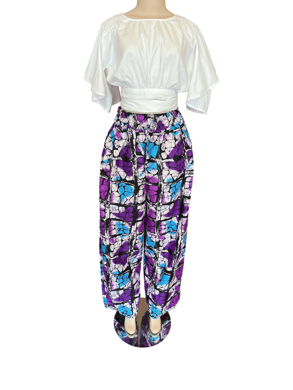 White and Purple Checkered Wide Leg Ankara Pants