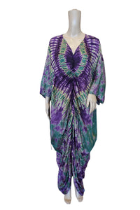 Purple and Green Tie-Dye Adjustable Silk Caftan
