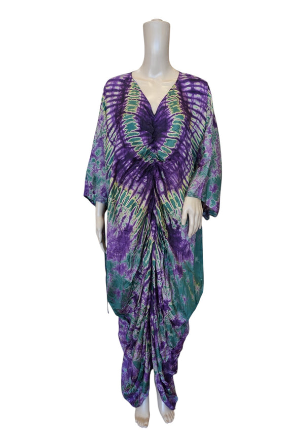 Purple and Green Tie-Dye Adjustable Silk Caftan