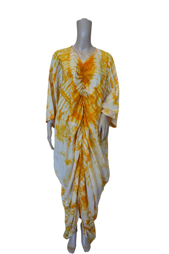White and Gold Tie-Dye Adjustable Silk Caftan