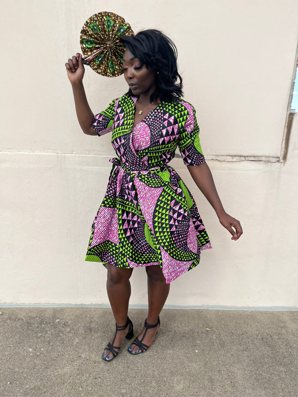 Pink and Green Short Ankara Wrap Dress Yoma Fashion Boutique Pink and Green Short Ankara Wrap Dress Yoma Fashion Boutique