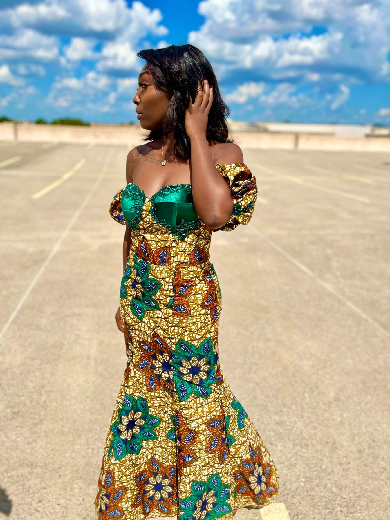 Off-Shoulder Green and Brown Ankara Party Dress Yoma Fashion Boutique Off-Shoulder Green and Brown Ankara Party Dress Yoma Fashion Boutique